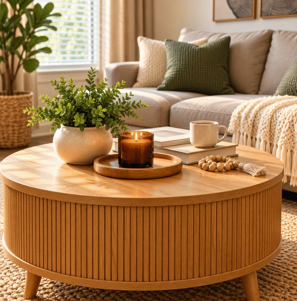Sunlit living room with a round fluted coffee table, sofa and plants