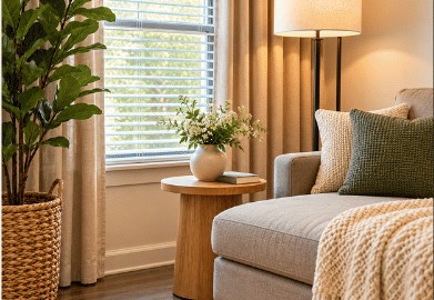 Living room corner with a chaise and side table