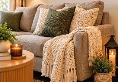 Sofa with knit throw and cushions