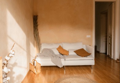 Bright room with a white sofa and wood floors